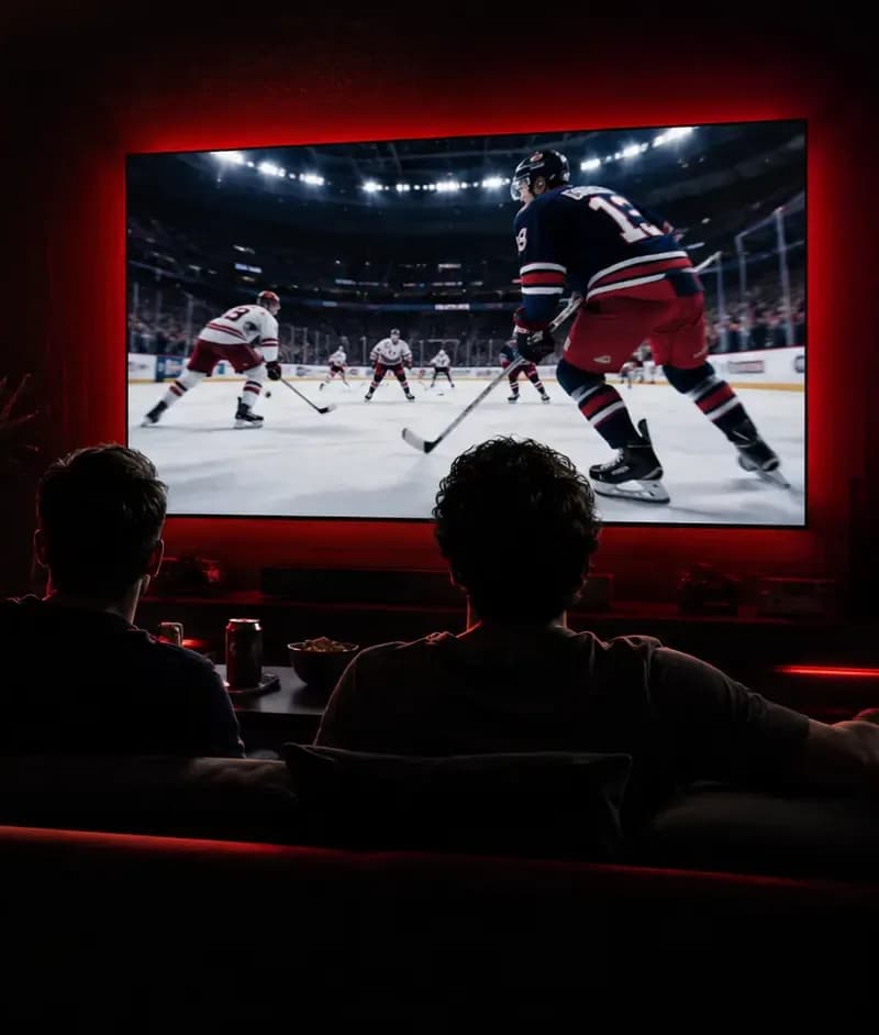 Des amis regardent un match de hockey de la LNH en 4K sur une grande télé, dans un cinéma maison sombre à l'éclairage rouge